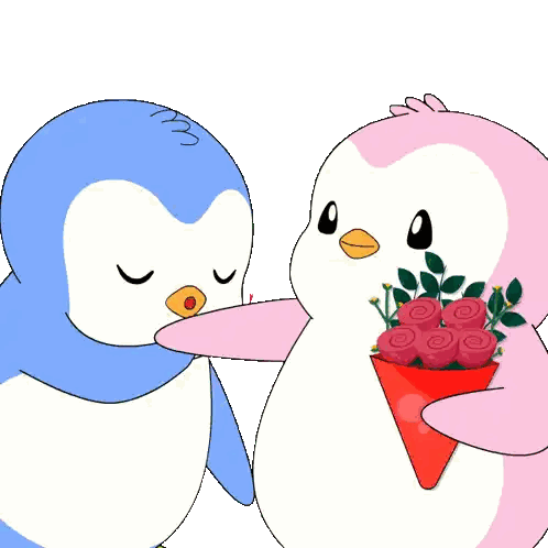 Blue Penguin Kissing Pink Penguin With Roses