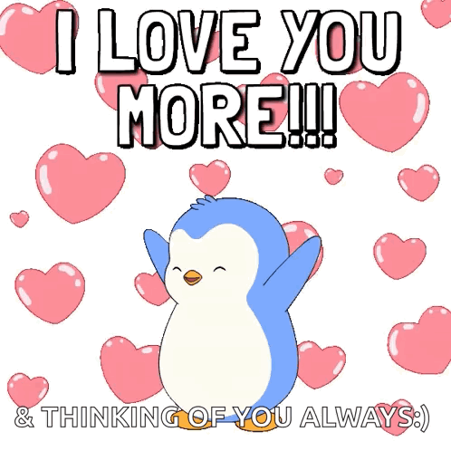 Blue Penguin Pink Hearts I Love You More GIF