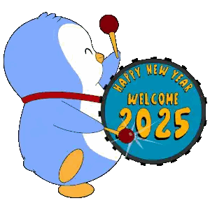 Blue Penguin Playing Drum Saying Happy New Year