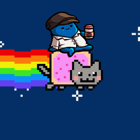 Blue Penguin Riding Rainbow Cat GIF