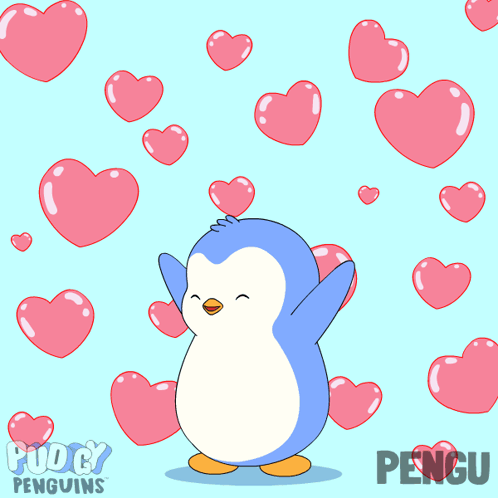 Blue Penguin with Pink Hearts and Pengu