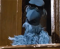 Blue Puppet Looking Out Window with Beard and Hat