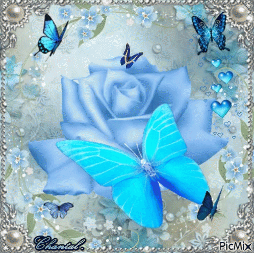 Blue Rose Surrounded by Blue Butterflies and Flowers