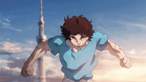 Blue Shirt Cartoon Running Past Tall Building