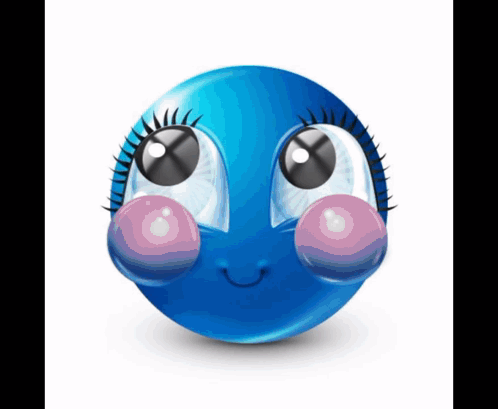 Blue Smiley Face With Big Eyes and Lashes Blowing Bubblegum
