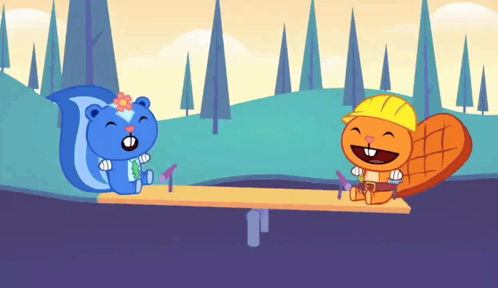 Blue Squirrel And Beaver On Seesaw GIF