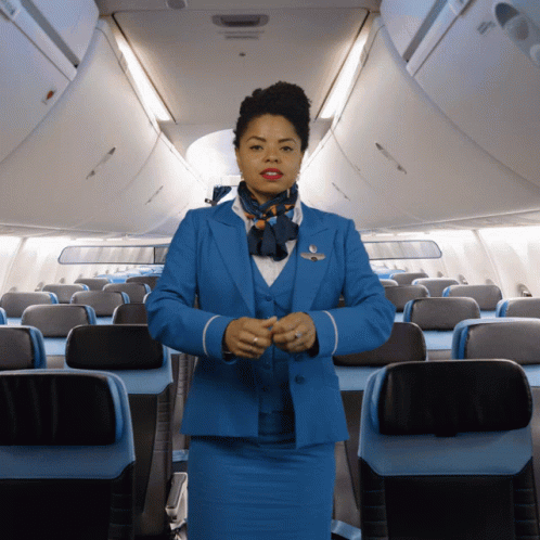 Blue Suit Flight Attendant with Scarf on Plane