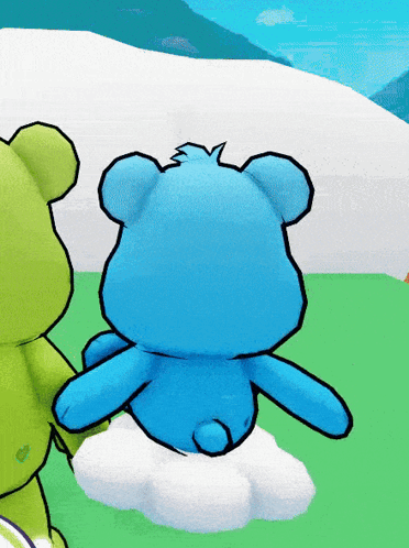Blue Teddy Bear on Cloud in Front of Green