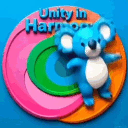 Blue Teddy Bear on Colorful Circle Saying Unity in Harpoon