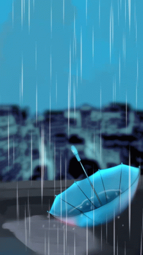 Blue Umbrella in Rain With City Background