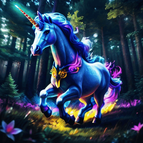 Blue Unicorn With Purple Mane Horn Running Woods