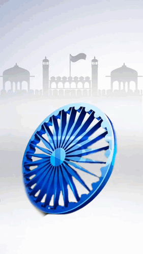 Blue Wheel With Buildings and Flag