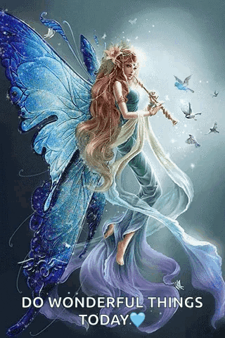 Blue Winged Fairy Holding Flute Birds Flying GIF