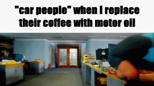 Blurred Hallway Car People Replace Coffee With Motor Oil GIF