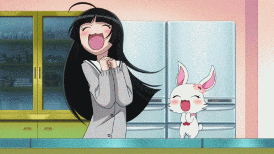 Blushing Anime Girl And Cat GIF