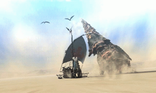 Boat In Desert With Birds Flying GIF