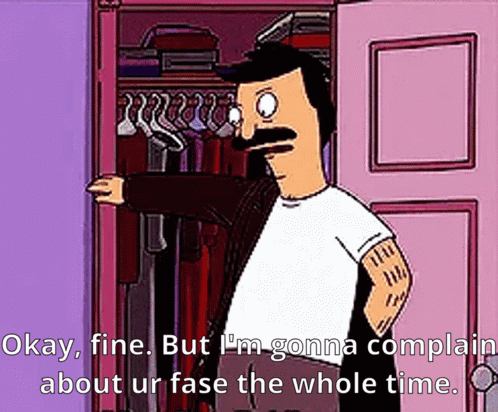 Bob Ross From Bob 'S Burgers Is Standing In A Closet With Clothes Hanging In It . GIF