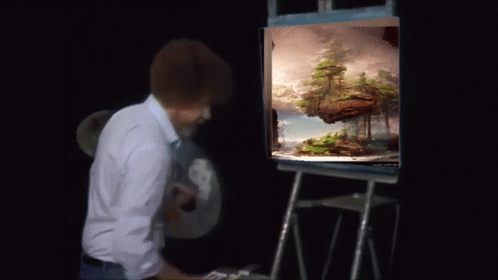 Bob Ross Is Painting A Picture Of A Landscape On An Easel GIF