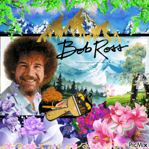 Bob Ross Painting Flowers and Mountains