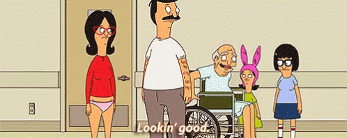 Bob 'S Burgers Characters Are Standing In A Hallway With A Man In A Wheelchair And A Woman In Underwear . GIF