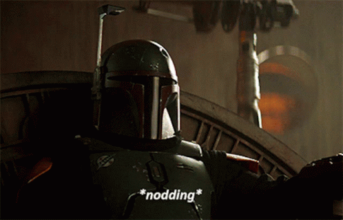 Boba Fett Is Wearing A Helmet With The Word Nodding Written On It GIF