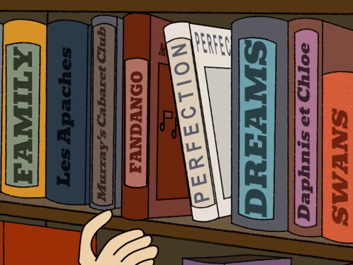 Bookshelf With Hand Reaching For Perfection And Dreams GIF