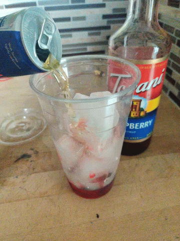Bottle of Cranberry Juice Next to Cup of Ice