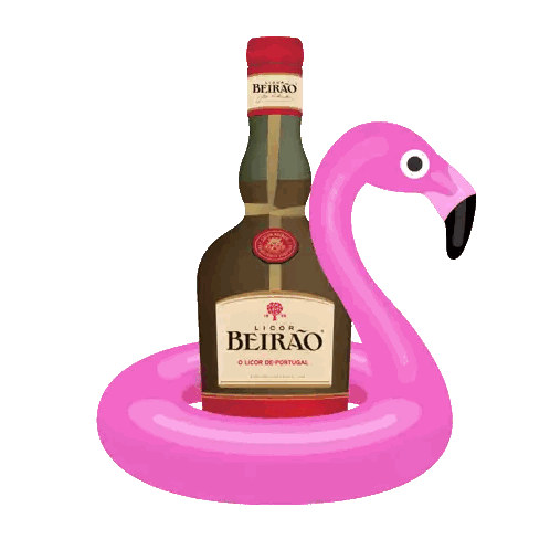 Bottle of Licor Beirão on Pink Flamingo Float