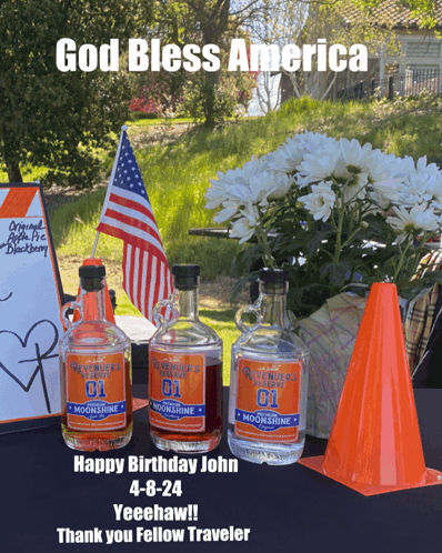 Bottle of Moonshine with Flowers and American Flag