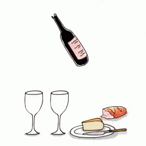 Bottle of Wine With Two Glasses Cheese and Plate of Food