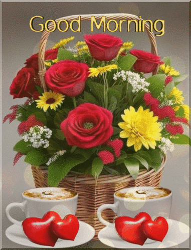 Bouquet in Basket and Two Coffee Cups with Hearts