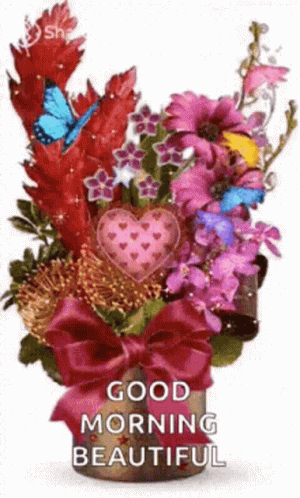 Bouquet Of Flowers With Butterflies And Good Morning Message GIF