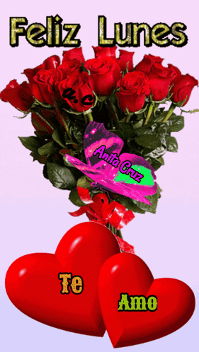 Bouquet of Red Roses with Red Hearts Feliz Lunes