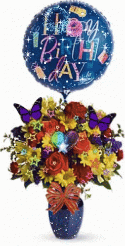 Bouquet With Blue Balloon Happy Birthday