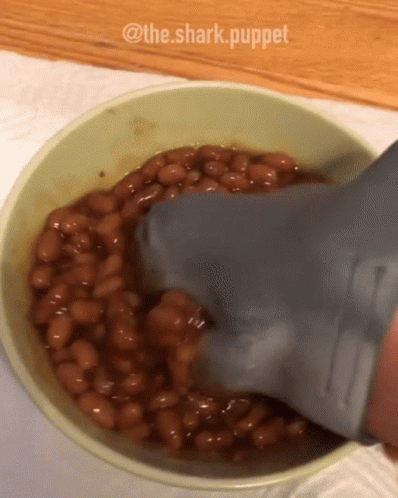 Bowl Of Baked Beans With Shark Puppet GIF