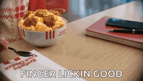 Bowl Of Fried Chicken And Macaroni And Cheese With Pen And Notebook GIF