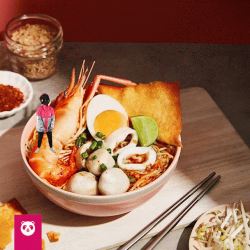Bowl Of Noodles With Shrimp Eggs And Meatballs GIF