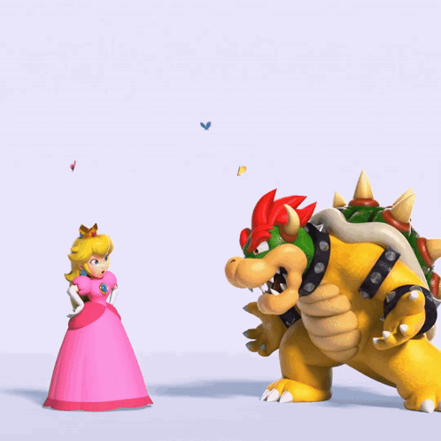 bowser and princess peach are standing next to each other and bowser is holding a flower