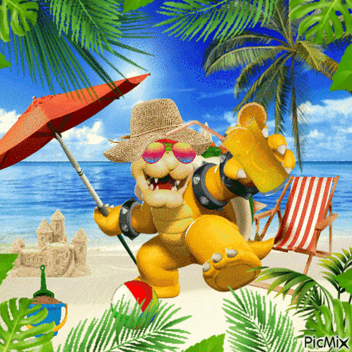 Bowser Holding Umbrella And Drink On Beach GIF