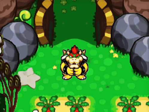 bowser is standing in a grassy area in a video game .