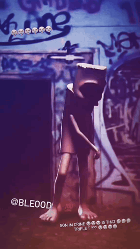 Box-Headed Cartoon Character Before Graffiti Wall