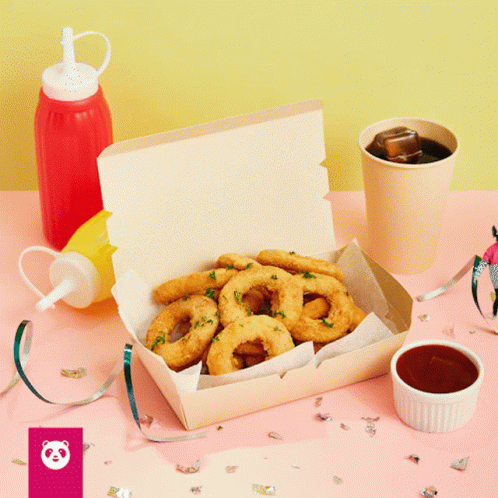 Box of Onion Rings with Soda and Ketchup