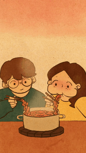Boy and Girl Eating Noodles with Chopsticks