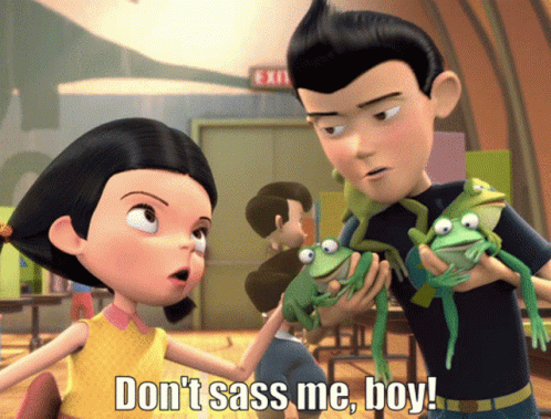 Boy and Girl Holding Frogs Saying Don't Sass Me Boy