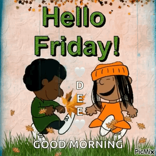 Boy and Girl Holding Leaves Saying Hello Friday
