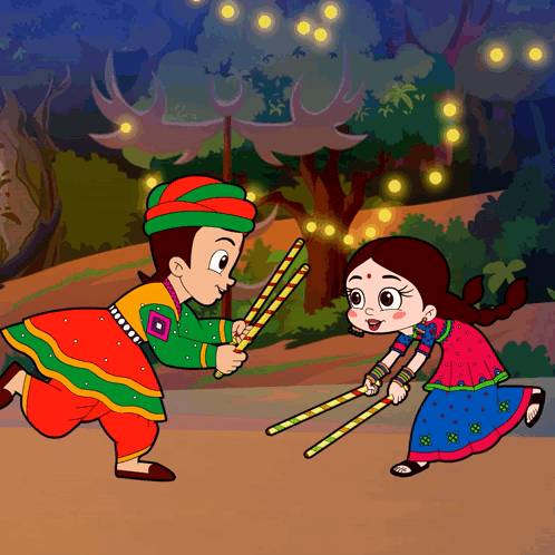 Boy And Girl Holding Sticks GIF
