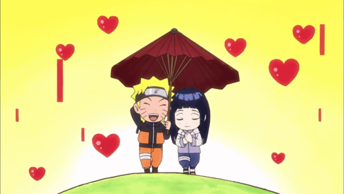 Boy and Girl Holding Umbrella Surrounded by Hearts