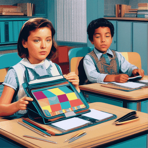 Boy And Girl In Classroom, Girl Holding Tablet GIF