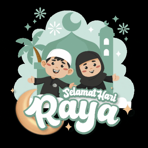 Boy And Girl In Front Of Mosque Saying Raya GIF