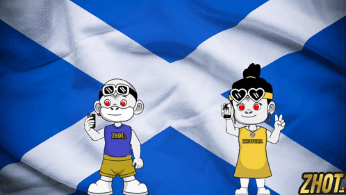 Boy and Girl in Front of Scottish Flag Wearing Zhot Shirts
